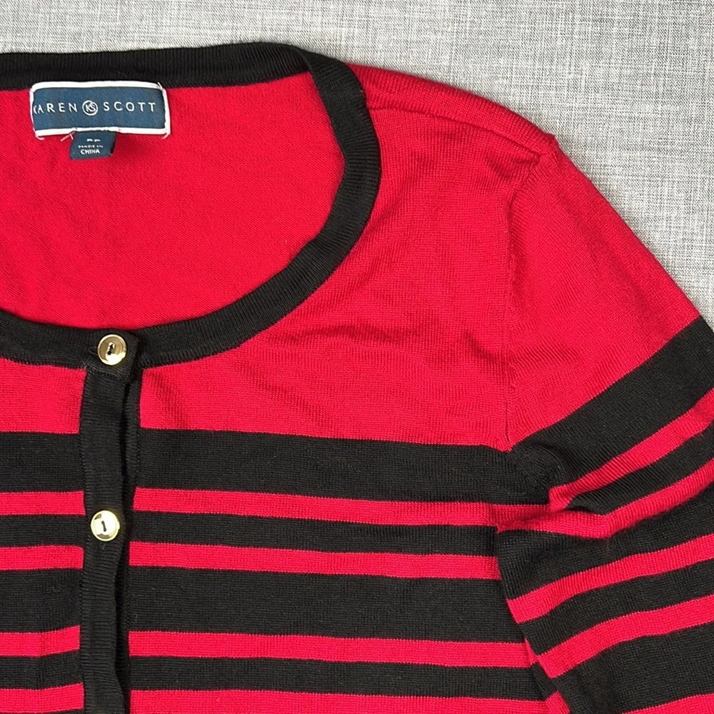 Red & Black Stripe Button Cardigan Sweater Size Petite XS - Picture 3 of 5